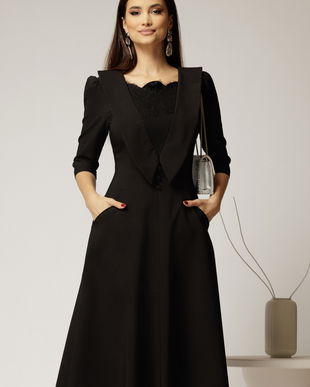 Rochie midi neagra de ocazie cu insertii din dantela la bust si buzunare