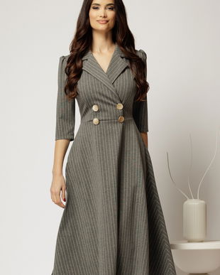 Rochie midi gri cu glitter cu bustul petrecut si nasturi decorativi
