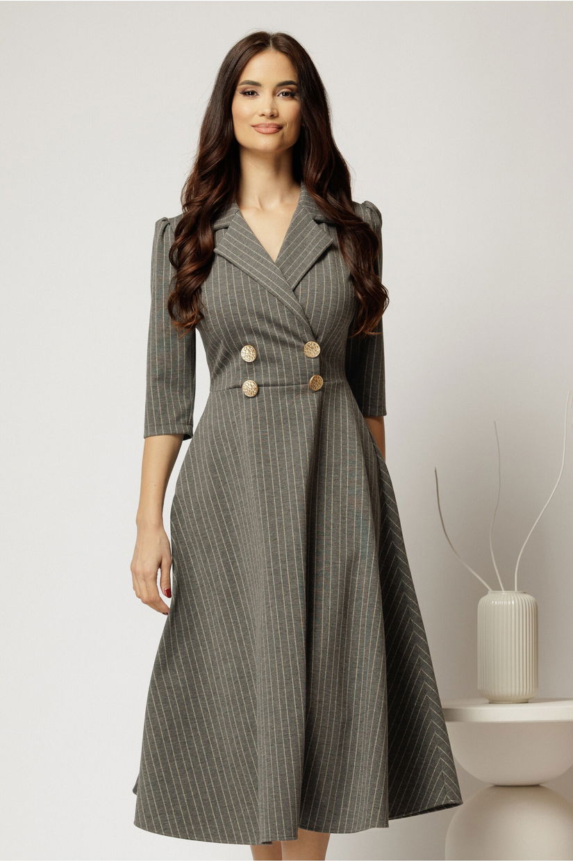 Rochie midi gri cu glitter cu bustul petrecut si nasturi decorativi