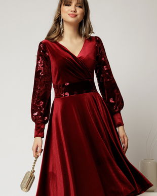 Rochie Elif eleganta din catifea verde cu paiete pe maneci si talie