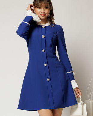 Rochie scurta albastra cu croi in clini si mansete si guler incretit