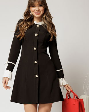 Rochie scurta neagra cu croi in clini si mansete si guler incretit