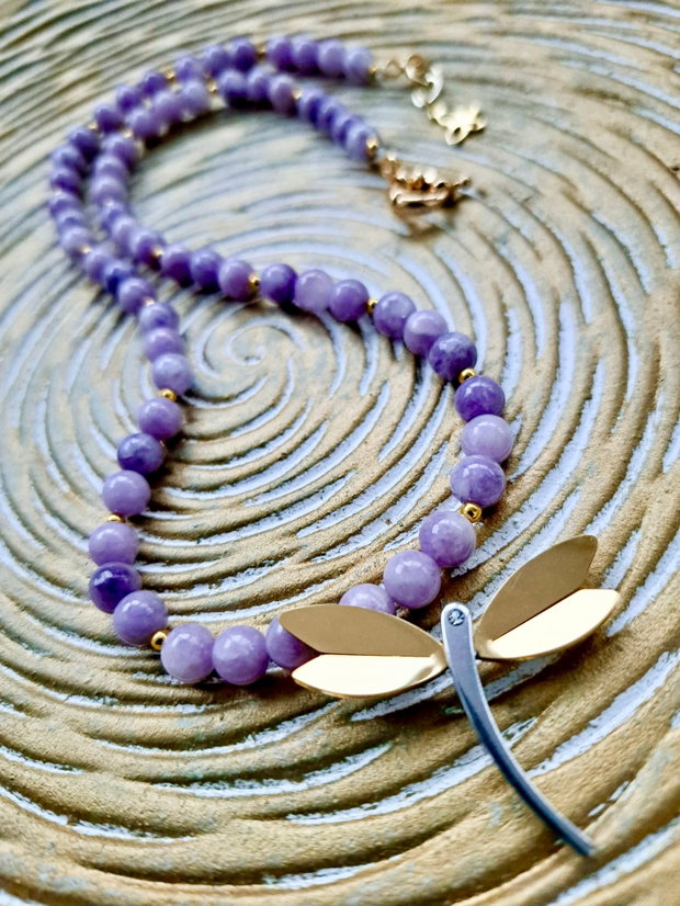 Colier CHOKER Lepidolit & libelula
