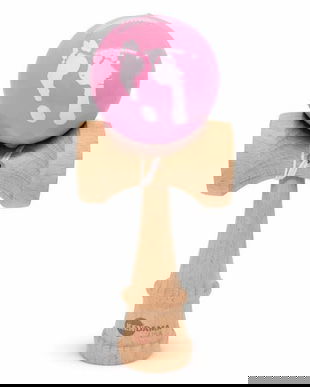 Kendama din Lemn Natural cu Bilă Roz Design Amprentă, Jucărie de &Icirc;ndem&acirc;nare, 18 cm