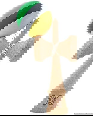 Kendama din Lemn Natural cu Bilă Multicolor Verde-Galben-Negru, Jucărie de &Icirc;ndem&acirc;nare, 18 cm