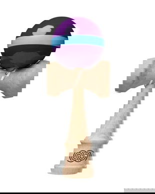 Kendama din Lemn Natural cu Bilă Mov și Bandă Albastră, Jucărie de &Icirc;ndem&acirc;nare, 18 cm