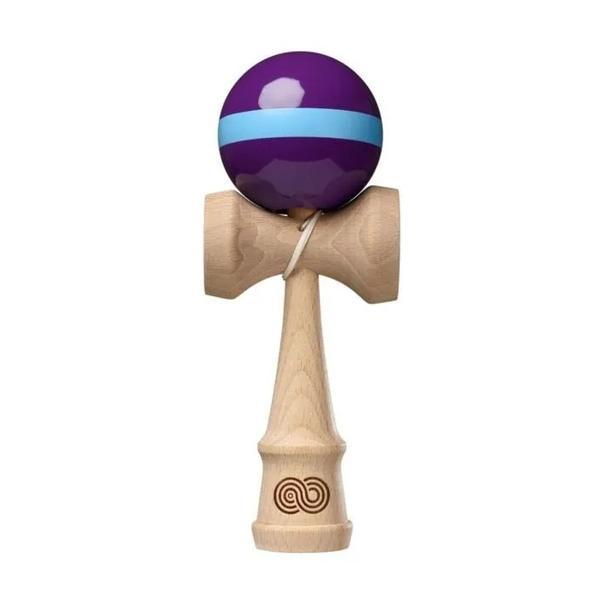 Kendama din Lemn Natural cu Bilă Mov și Bandă Albastră, Jucărie de &Icirc;ndem&acirc;nare, 18 cm