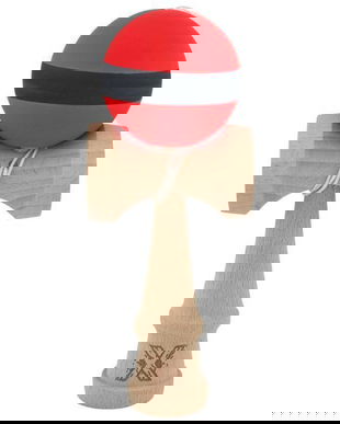 Kendama din Lemn Natural cu Bilă Roșie și Bandă Neagră, Jucărie de &Icirc;ndem&acirc;nare, 18 cm