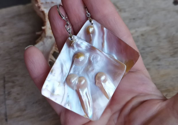 Cercei statement, mother of pearl / argint rodiat