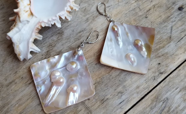 Cercei statement, mother of pearl / argint rodiat