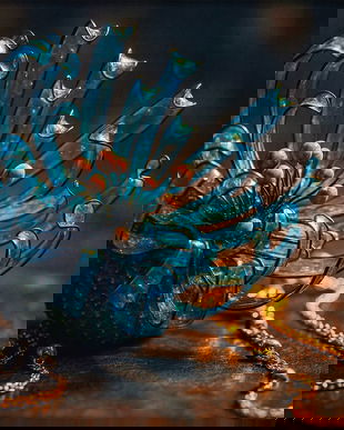 Broșă anemonă de mare artizanală cu arici de mare natural, petale din rășină și lanțuri modulare