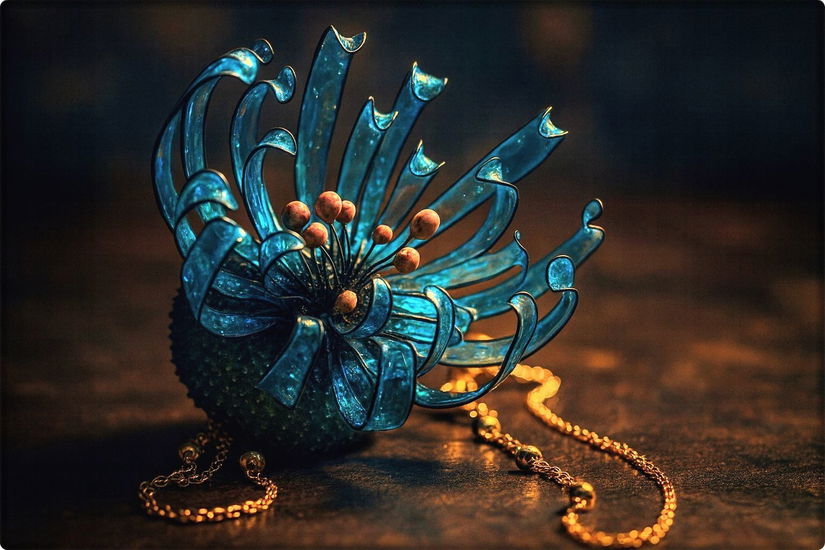 Broșă anemonă de mare artizanală cu arici de mare natural, petale din rășină și lanțuri modulare