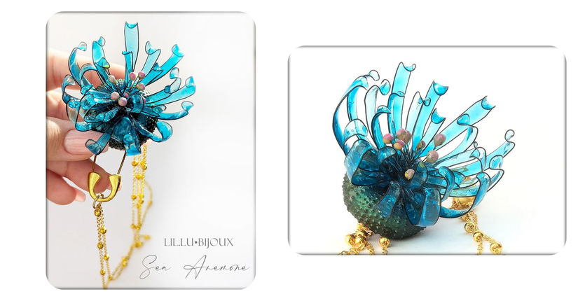 Broșă anemonă de mare artizanală cu arici de mare natural, petale din rășină și lanțuri modulare