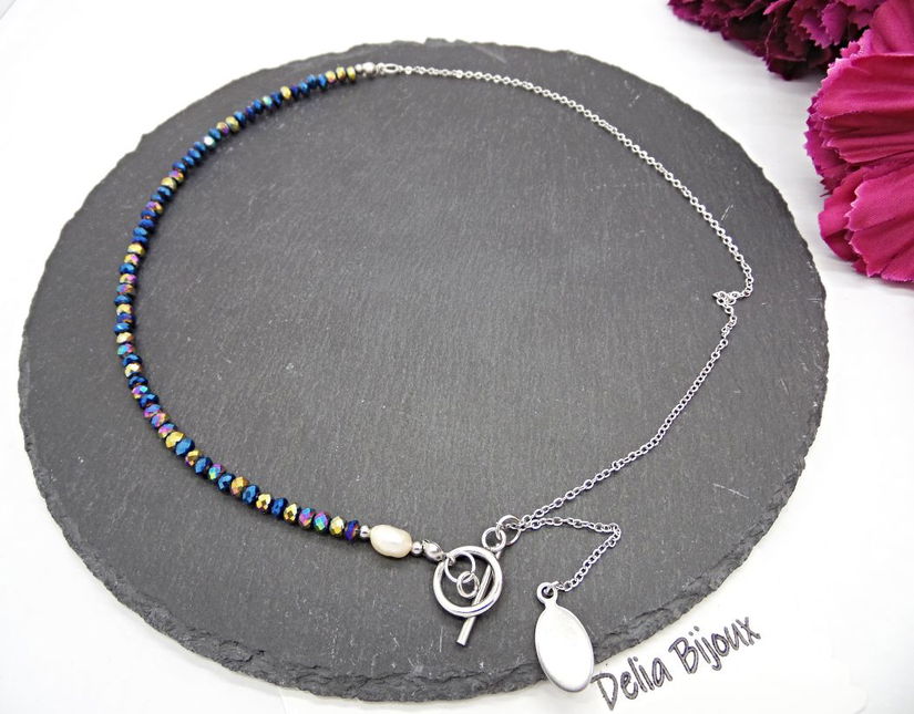 Colier handmade versatil - cristale electroplacate, perla de cultură (cod1367)