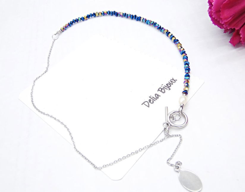 Colier handmade versatil - cristale electroplacate, perla de cultură (cod1367)