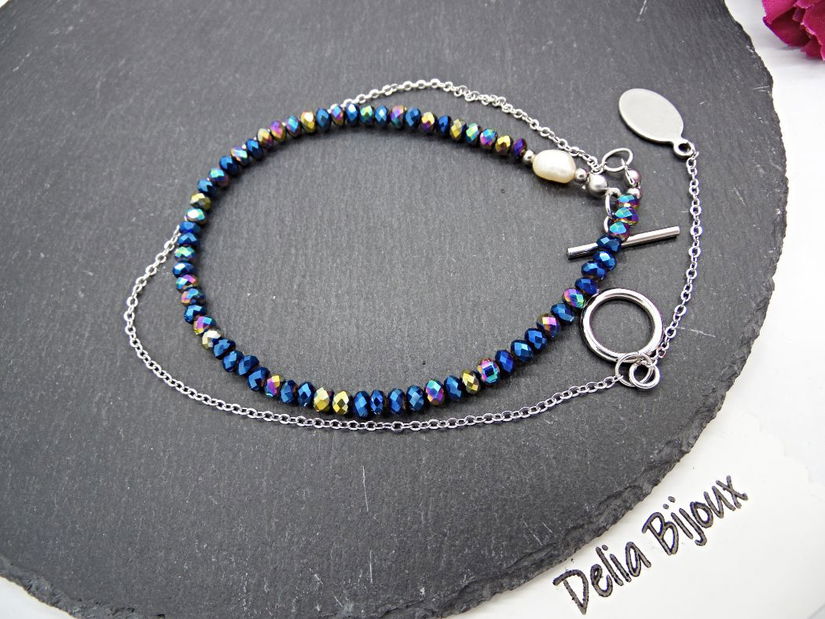 Colier handmade versatil - cristale electroplacate, perla de cultură (cod1367)