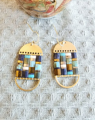 Cercei Boho Dangle cu Tila albastru si bronz, tortite placate cu aur 14k