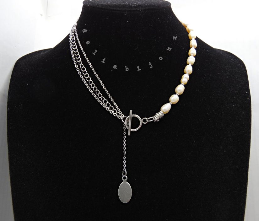 Colier asimetric cu perle de cultură, lanțuri și pandantiv din inox 3 moduri de purtare (cod1368)
