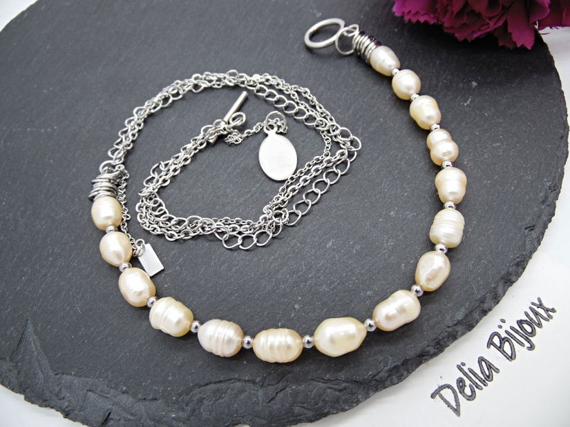 Colier asimetric cu perle de cultură, lanțuri și pandantiv din inox 3 moduri de purtare (cod1368)