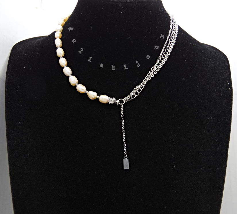 Colier asimetric cu perle de cultură, lanțuri și pandantiv din inox 3 moduri de purtare (cod1368)