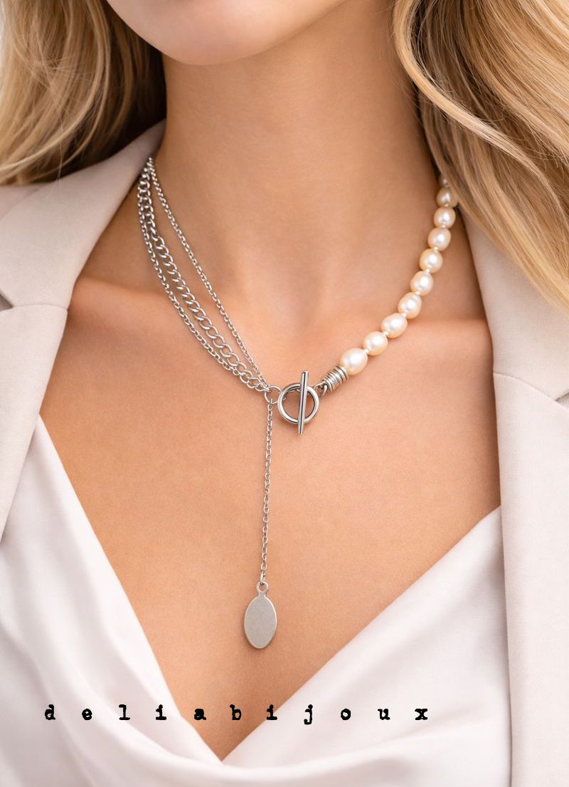 Colier asimetric cu perle de cultură, lanțuri și pandantiv din inox 3 moduri de purtare (cod1368)