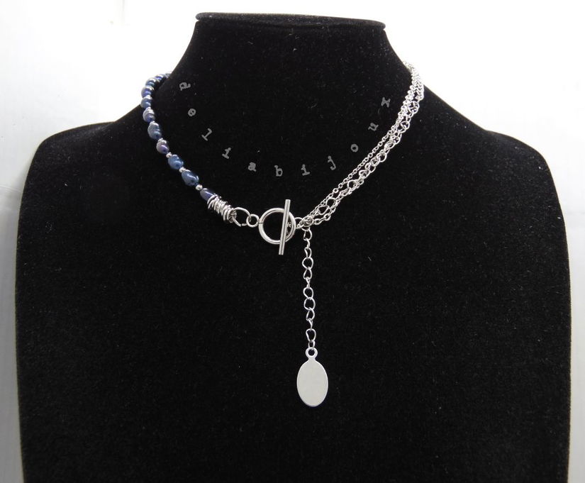 Colier asimetric cu perle de cultură, lanțuri și pandantiv din inox 3 moduri de purtare (cod1369)