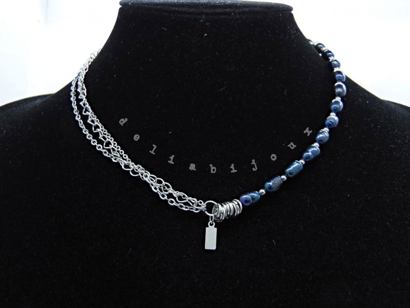 Colier asimetric cu perle de cultură, lanțuri și pandantiv din inox 3 moduri de purtare (cod1369)