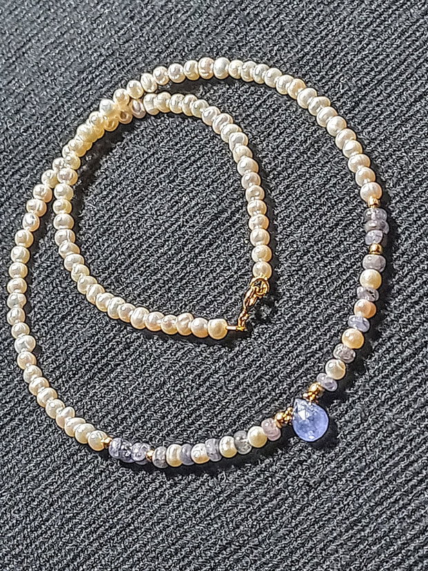 Colier vermeil tanzanit perle naturale de cultura oval baroc brioleta tanzanit minimalist boho chic trendy -Transport gratuit