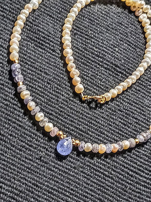 Colier vermeil tanzanit perle naturale de cultura oval baroc brioleta tanzanit minimalist boho chic trendy -Transport gratuit