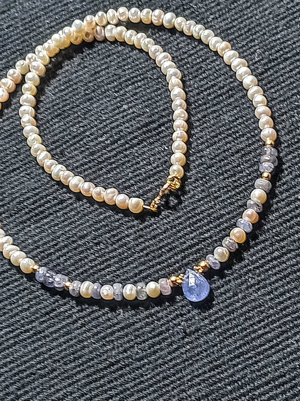 Colier vermeil tanzanit perle naturale de cultura oval baroc brioleta tanzanit minimalist boho chic trendy -Transport gratuit