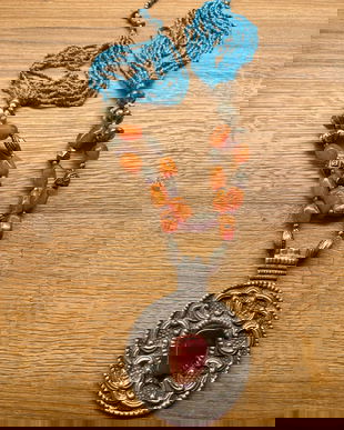 OPULENT COLIER VINTAGE XXXL ALAMA ARGINTATA,CARNEOL,TURCOISE
