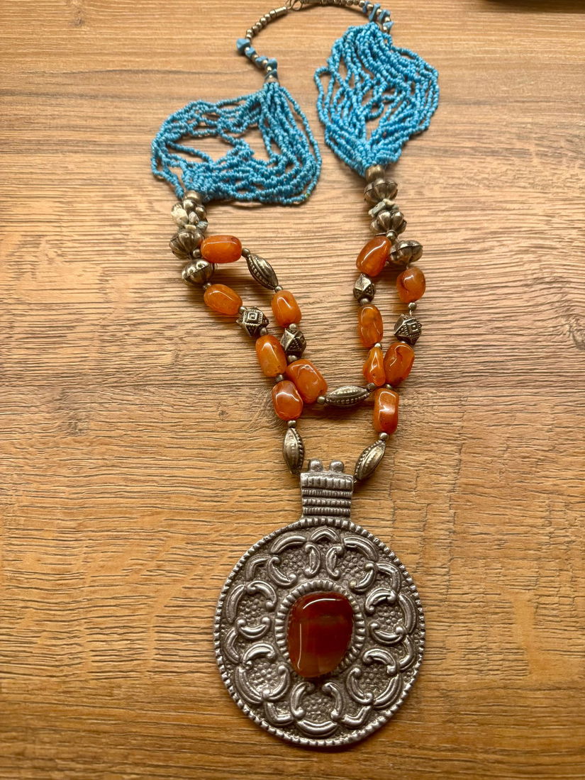 OPULENT COLIER VINTAGE XXXL ALAMA ARGINTATA,CARNEOL,TURCOISE