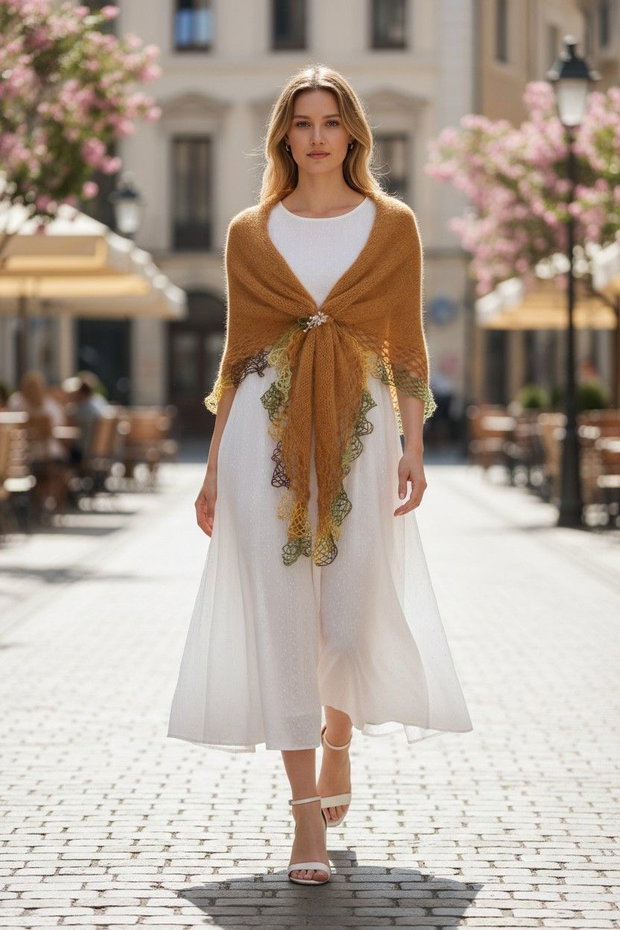 Șal elegant femei tricotat manual din mohair și fir cu efect Galben Ocru
