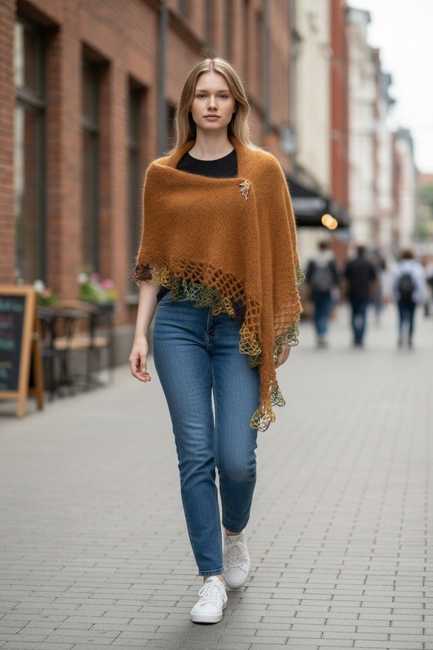 Șal elegant femei tricotat manual din mohair și fir cu efect Galben Ocru