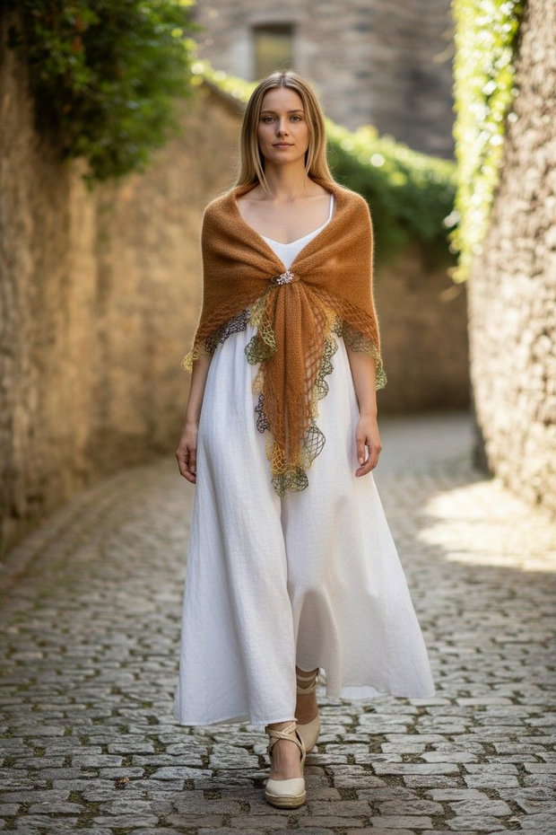 Șal elegant femei tricotat manual din mohair și fir cu efect Galben Ocru