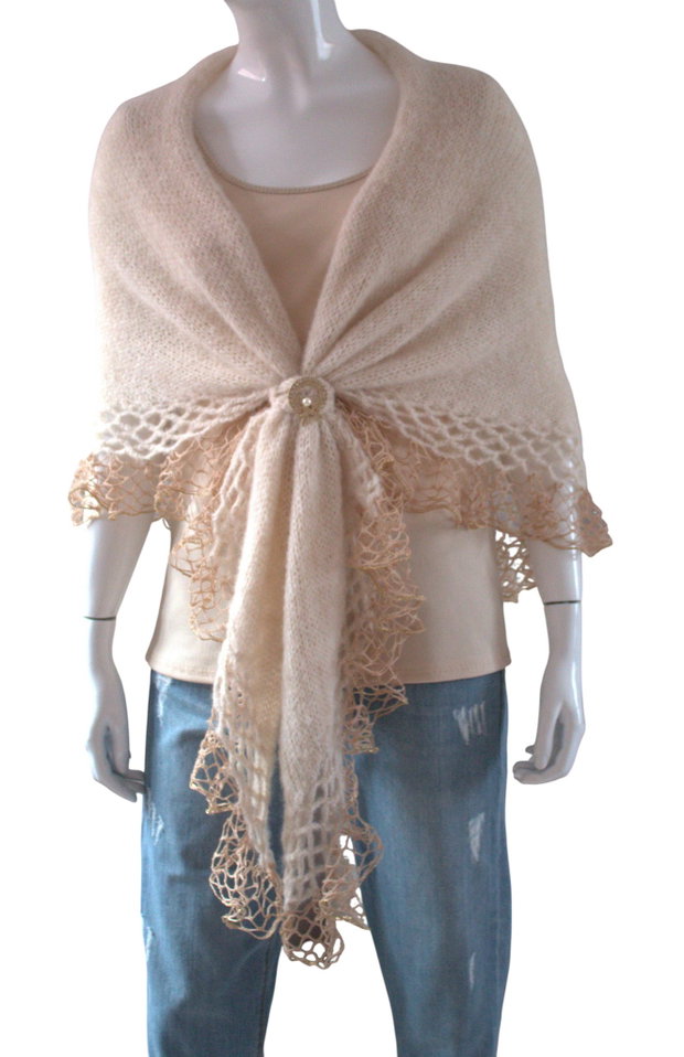 Șal elegant femei tricotat manual din alpaca și fir cu efect bej