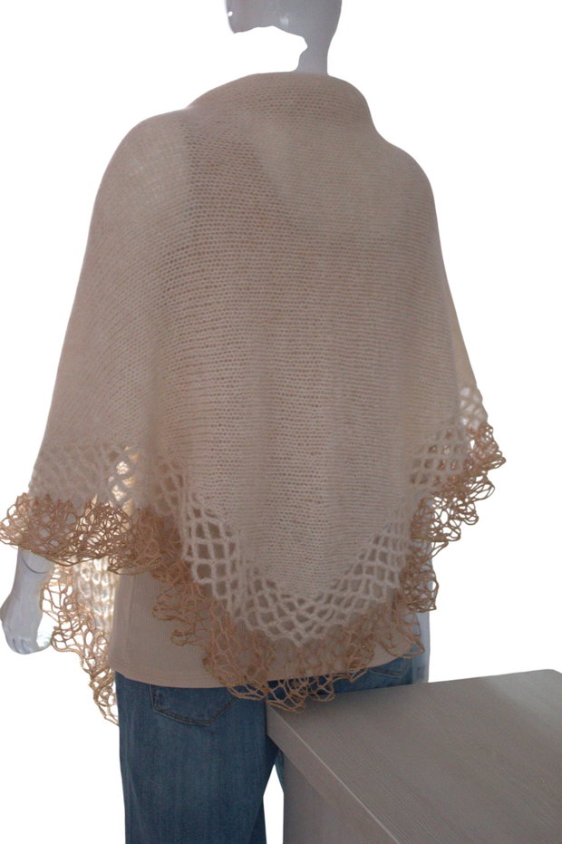 Șal elegant femei tricotat manual din alpaca și fir cu efect bej