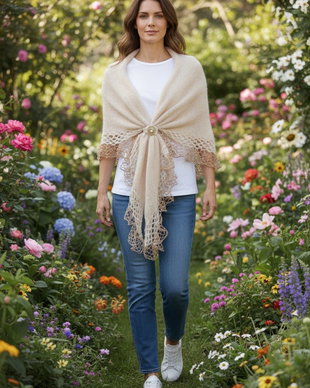 Șal elegant femei tricotat manual din alpaca și fir cu efect bej
