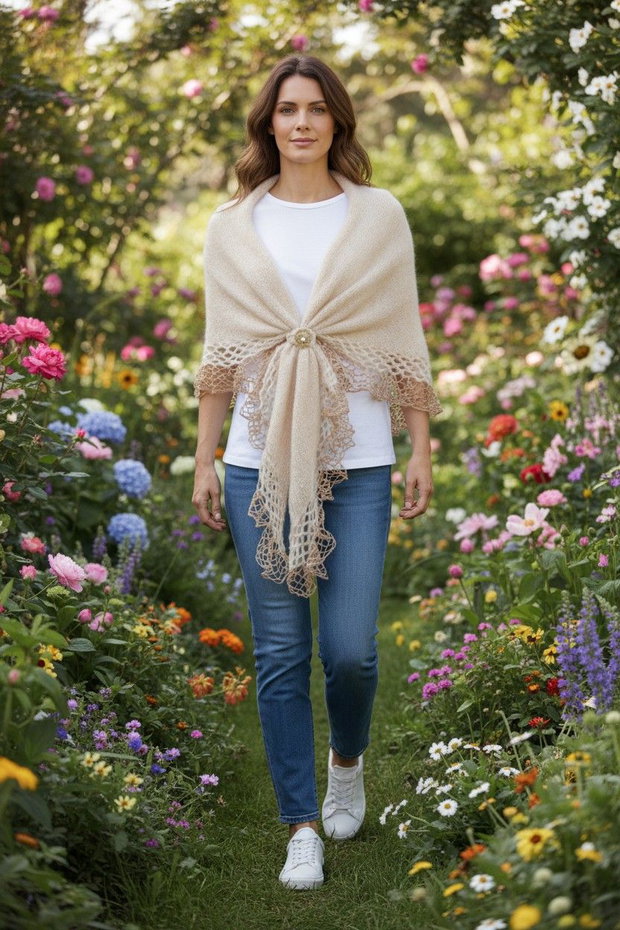 Șal elegant femei tricotat manual din alpaca și fir cu efect bej