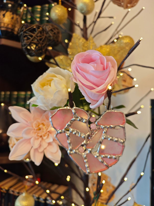 Decoratiune/Pandantiv unicat sticla marina roz și cristale Swarovski - inima