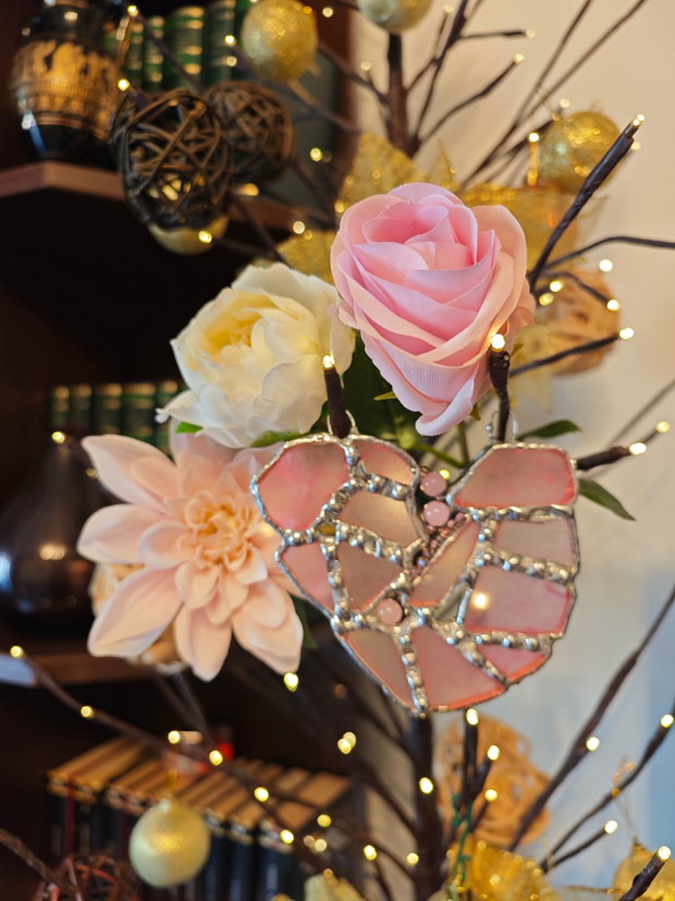 Decoratiune/Pandantiv unicat sticla marina roz și cristale Swarovski - inima