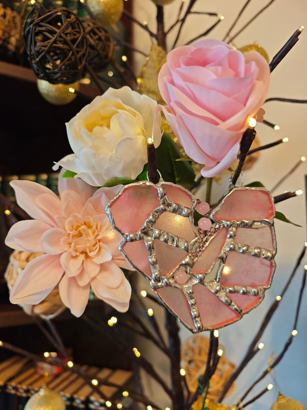 Decoratiune/Pandantiv unicat sticla marina roz și cristale Swarovski - inima