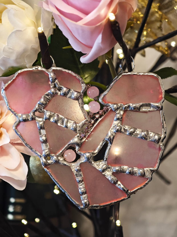 Decoratiune/Pandantiv unicat sticla marina roz și cristale Swarovski - inima