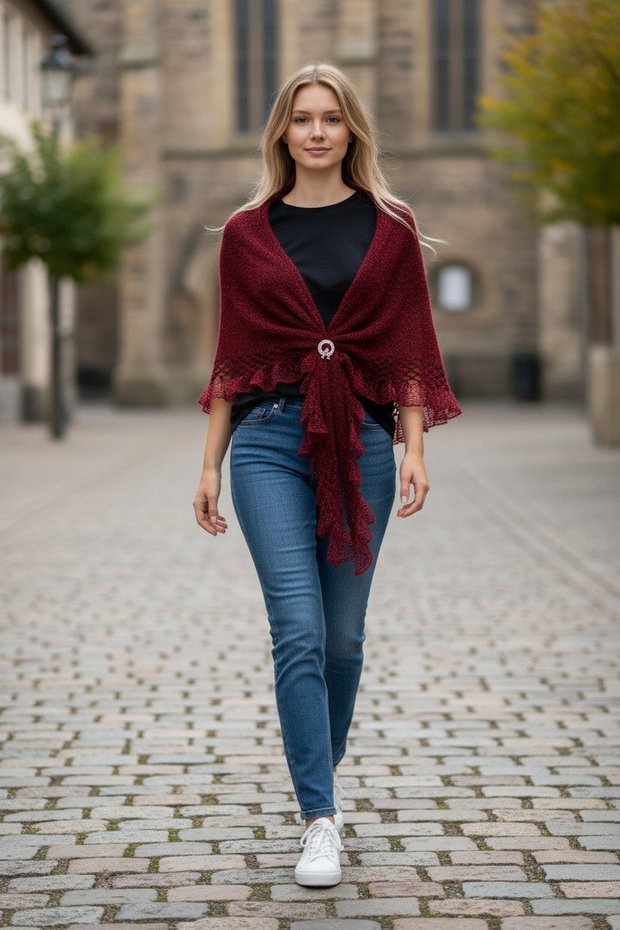 Șal tricotat manual din mohair și fir efect, roșu bordo