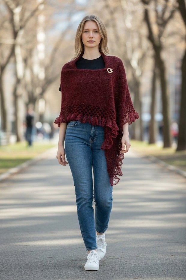 Șal tricotat manual din mohair și fir efect, roșu bordo