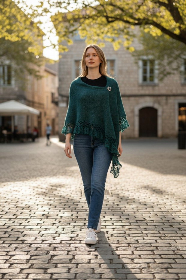 Șal triunghiular tricotat manual din mohair, lurex și fir cu efect Verde