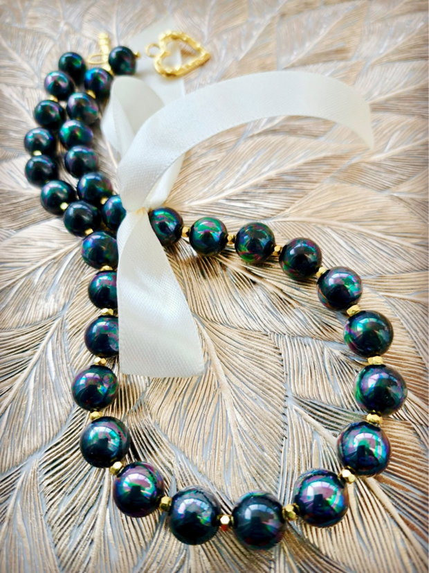 Colier perle de Mallorca petrol & hematite aurii