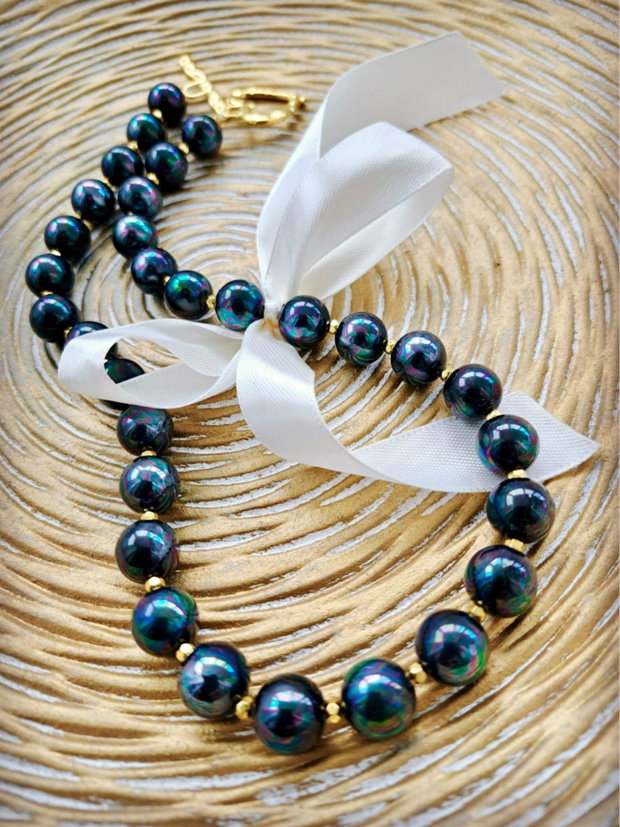 Colier perle de Mallorca petrol & hematite aurii
