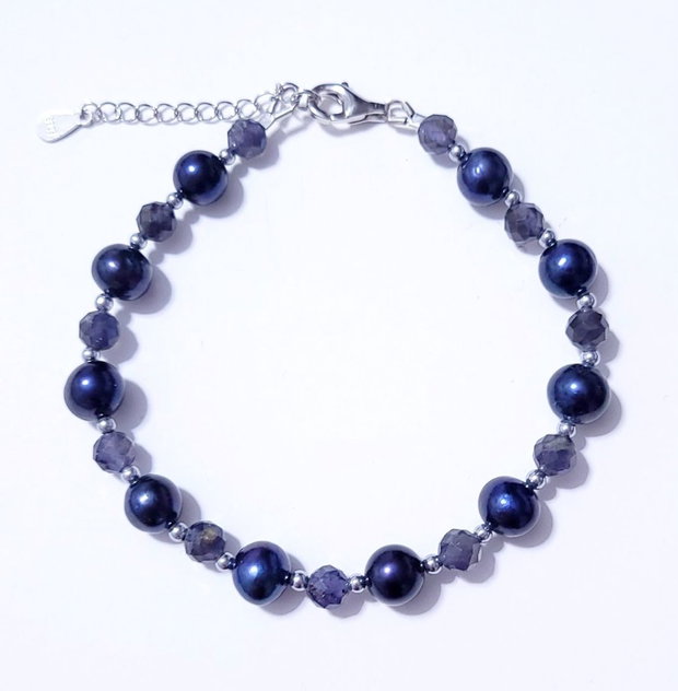 Bratara argint 925 cu iolit, perle de cultura si hematit