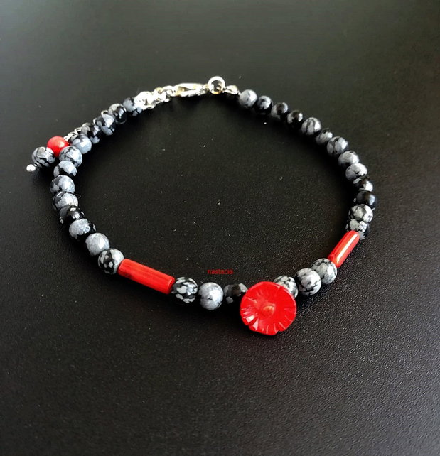 bratara obsidian fulg de nea si coral rosu
